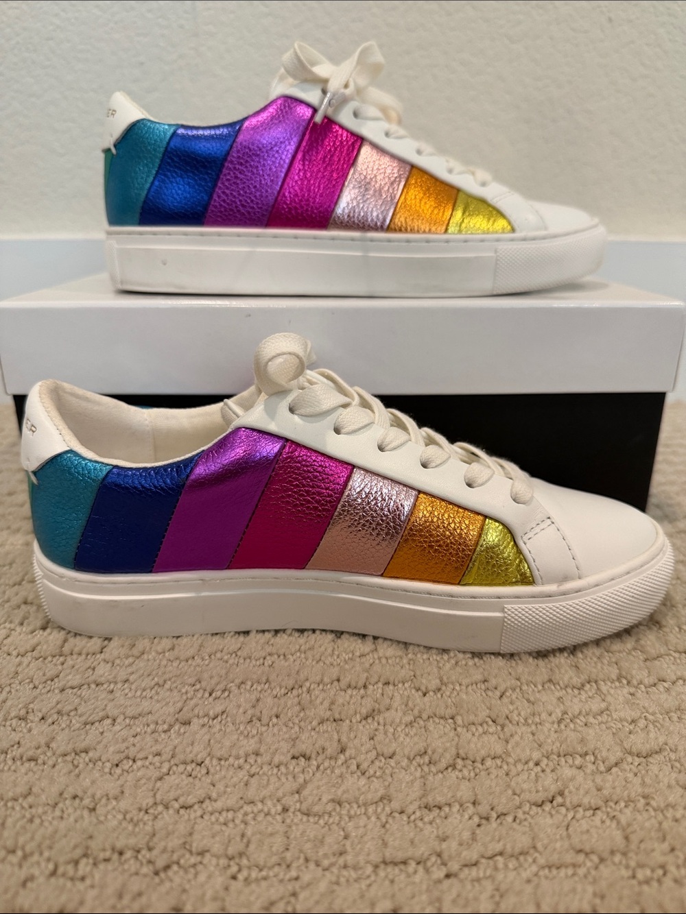 Kurt Geiger White Sneakers with Rainbow Metallic Stripes